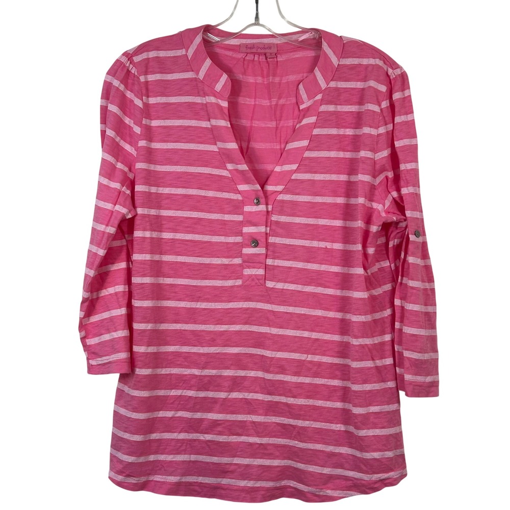 Fresh Produce Pink White Striped Cotton 3/4 Sleeve Henley Tunic Top Medium USA